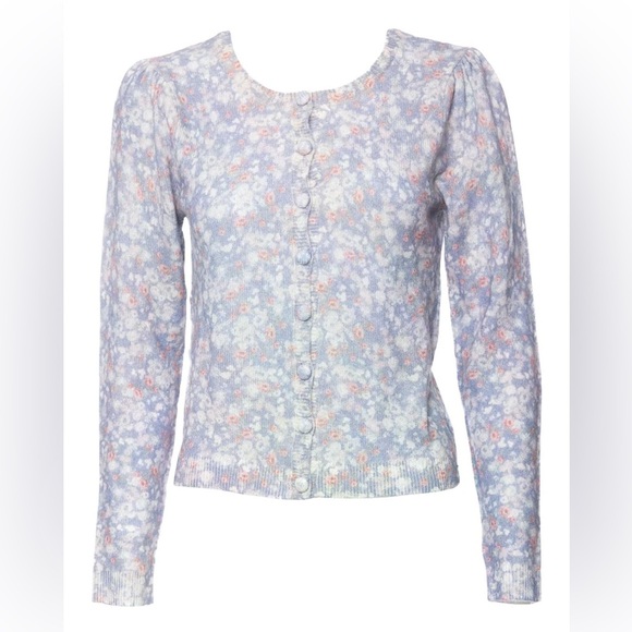 LoveShackFancy Simona Cardigan XS Serenity Blue Floral Puff Sleeve Button Front - Picture 1 of 9